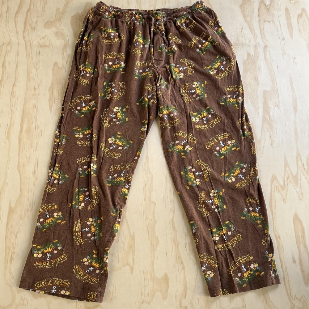 Vintage Peanuts Pajama Pants Mens Large Brown Great Pumpkin Snoopy Charlie Brown